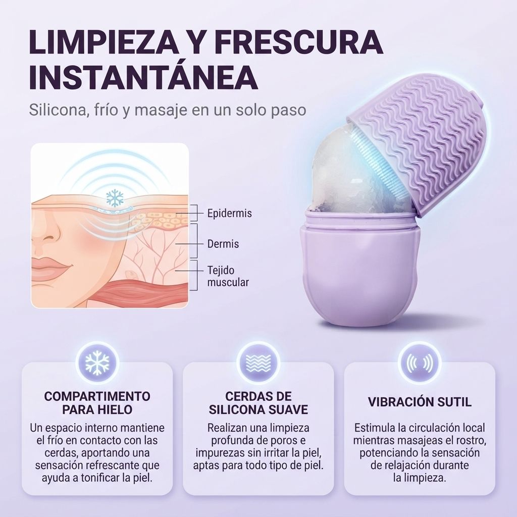 Limpieza Profunda y Piel Radiante con Frescura Instantánea - Cepillo Facial de Silicona con Hielo