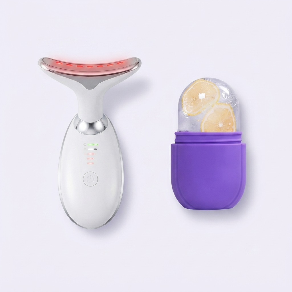 Rejuvenece Cuello y Rostro con Tecnología 4 en 1 - Combo Máquina Anti-Arrugas + Molde de Hielo Facial