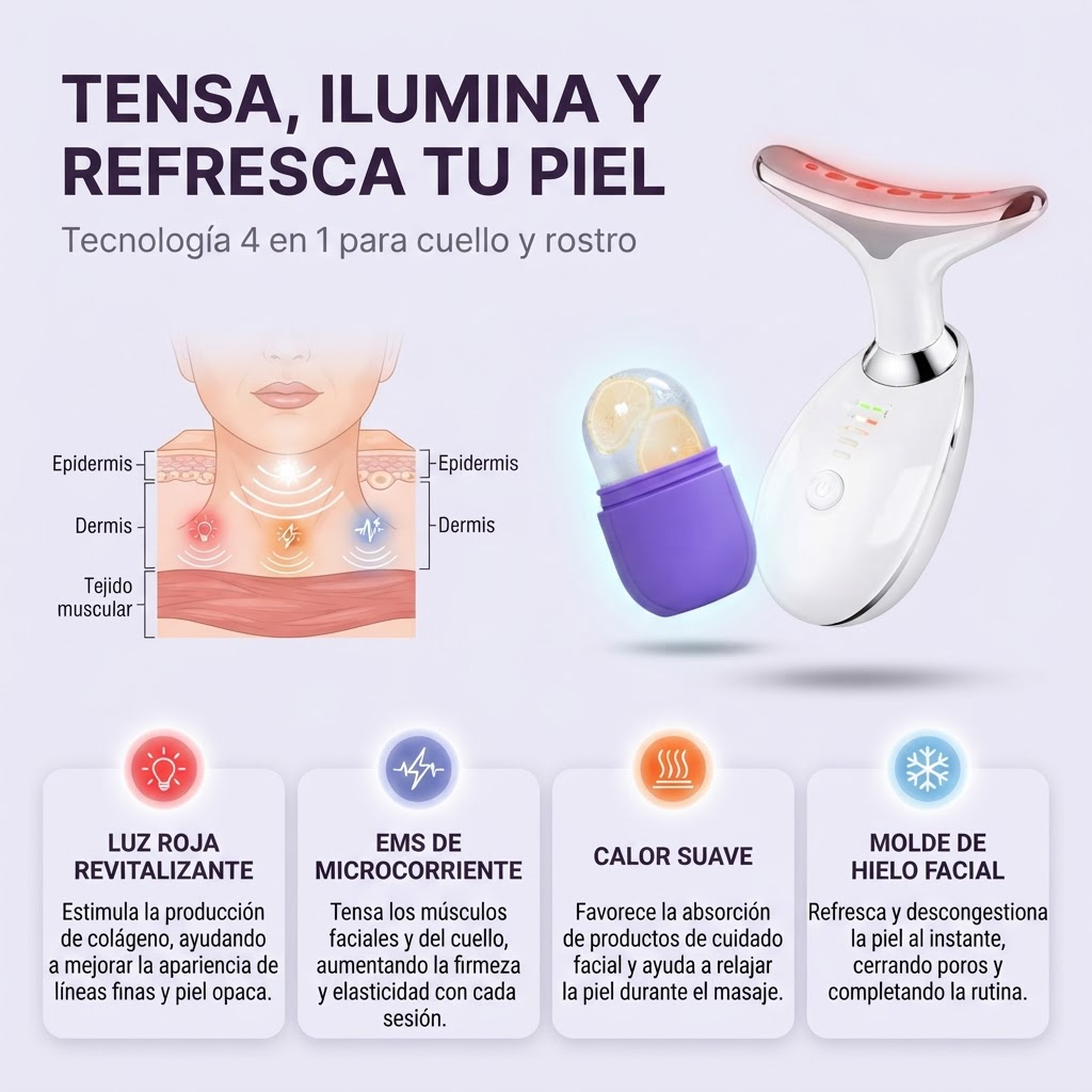 Rejuvenece Cuello y Rostro con Tecnología 4 en 1 - Combo Máquina Anti-Arrugas + Molde de Hielo Facial