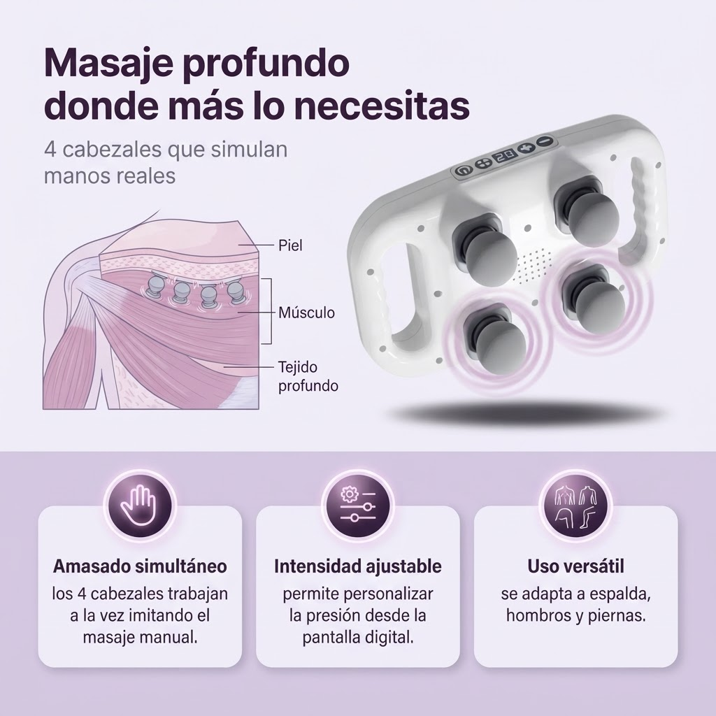 Alivia el estrés y la tensión muscular con un masaje profundo - Masajeador Eléctrico Portátil 4 Cabezales
