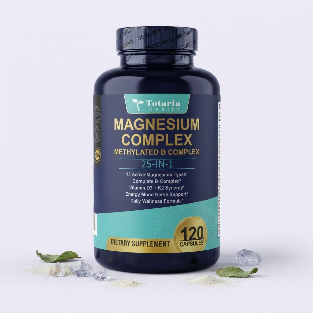 Magnesio, complejo B metilado, D3 y K2 en una sola cápsula - Magnesium Complex 25 en 1 Totaria Health