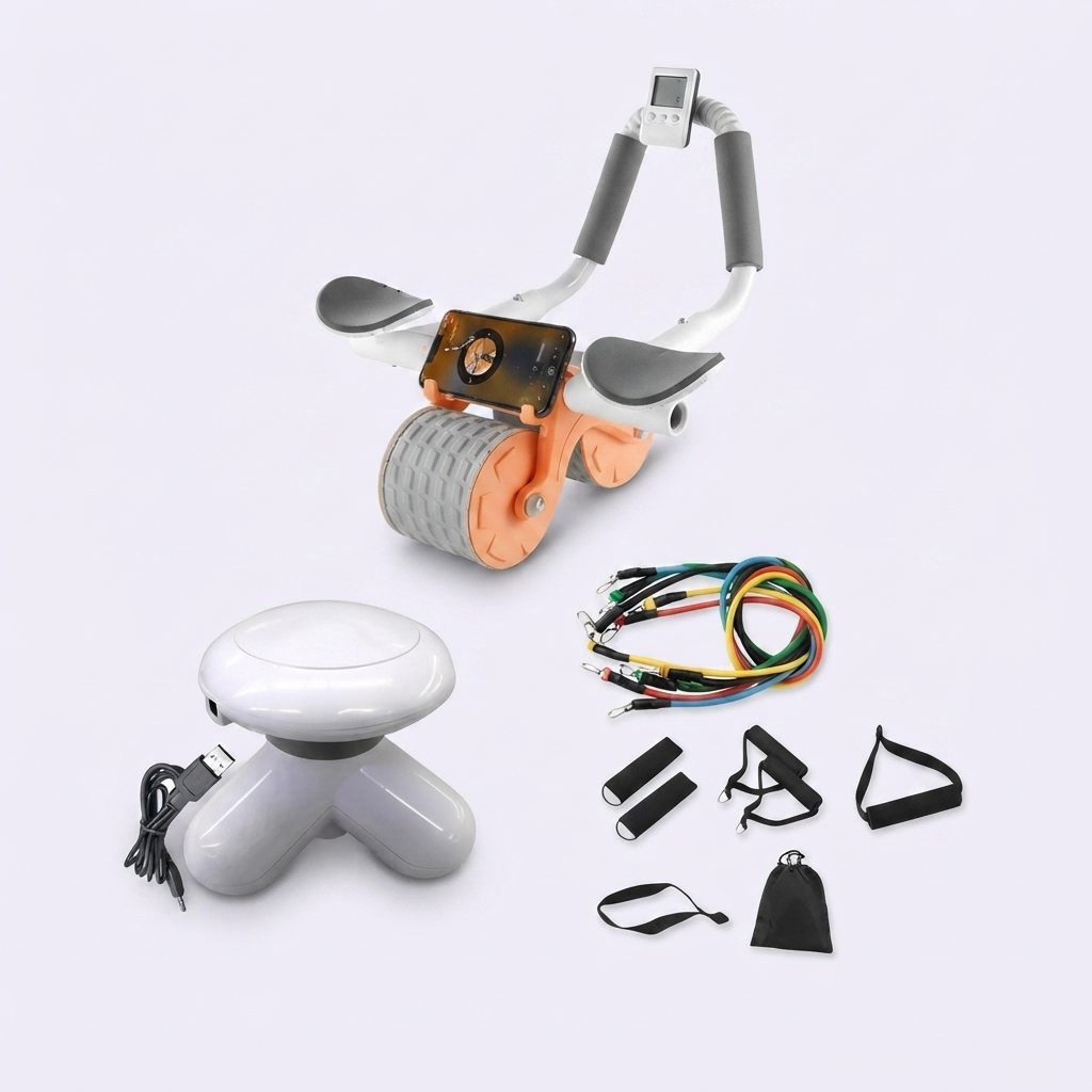 Entrena el core, gana fuerza y recupera los músculos en un solo combo - Rueda Abdominal Automática + Bandas de Resistencia + Masajeador Mini
