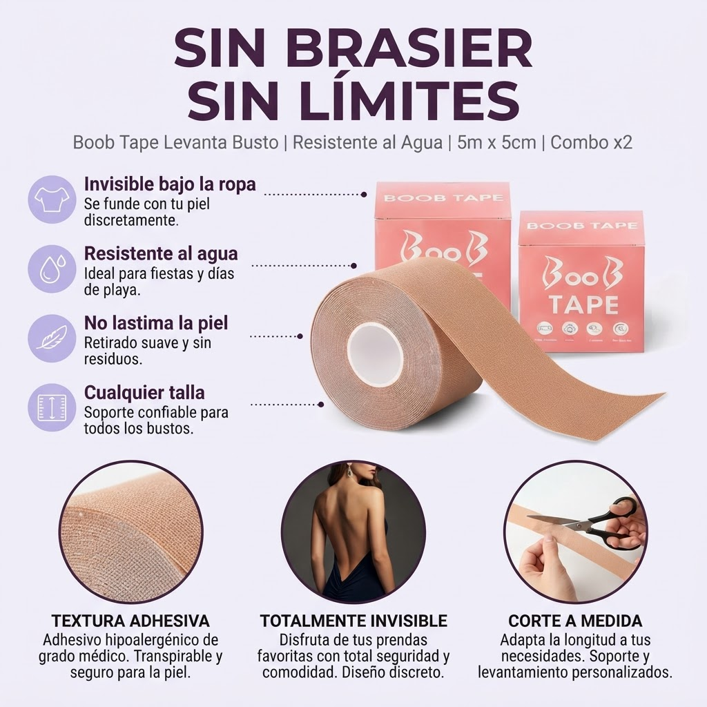 Luce cualquier escote sin brasier, con soporte invisible y resistente al agua - Boob Tape Levanta Busto