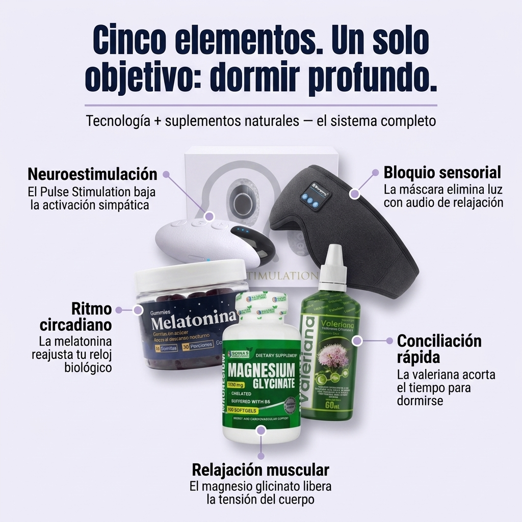 Kit Duerme Profundo PRO: Pulse Stimulation + Antifaz Bluetooth + Magnesio + Valeriana + Melatonina