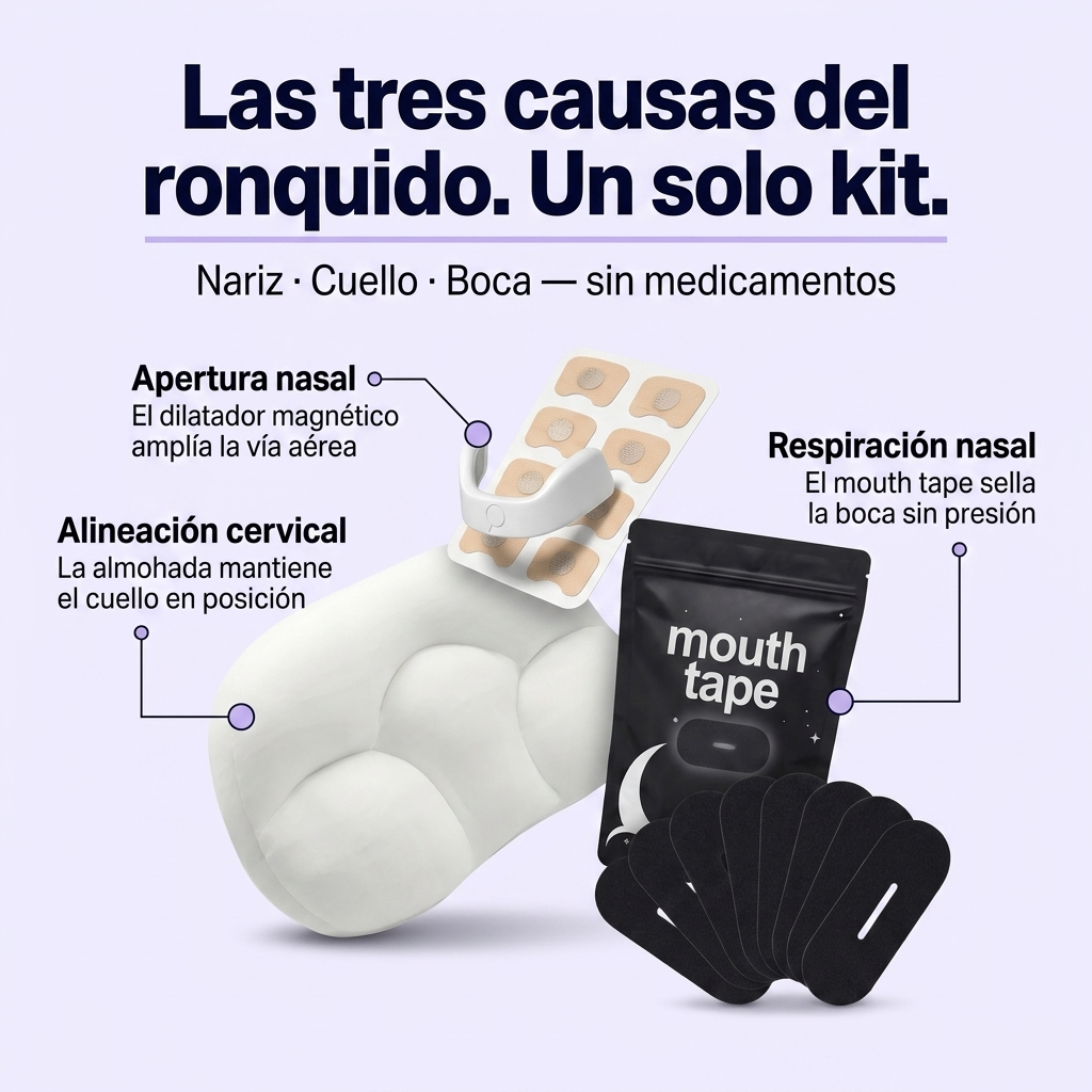 Kit Antirronquidos: Dilatador Nasal + Almohada Ergonómica + Mouth Tape