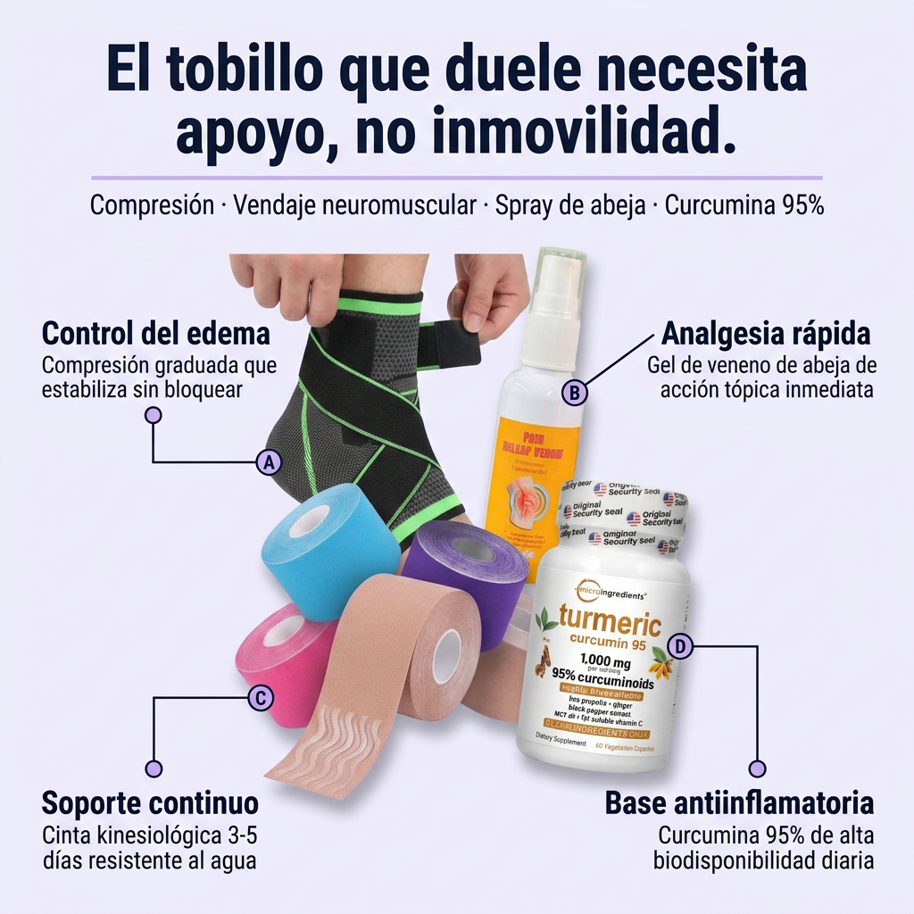 Kit Tobillo: Tobillera de Compresión + Cinta Kinesiológica + Spray de Abeja + Turmeric Curcumin