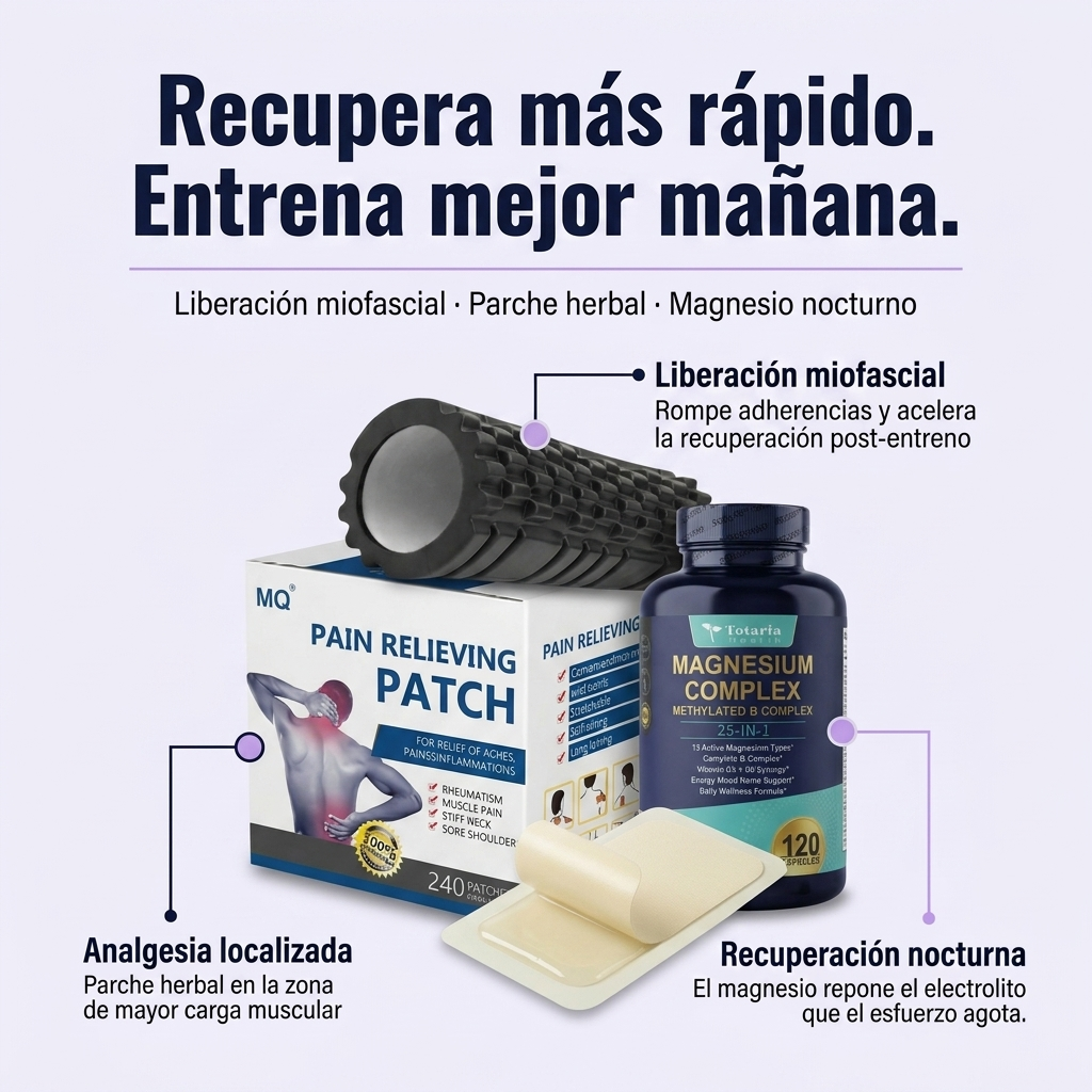 Kit Recuperación Base: Rodillo Muscular + Parche Herbal + Magnesium Complex