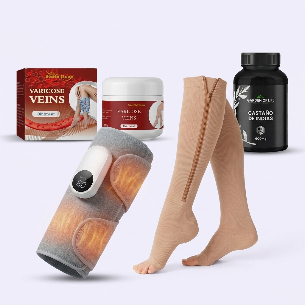 Kit Circulación: Masajeador de Piernas + Medias de Compresión + Ungüento Varicose + Castaño de Indias