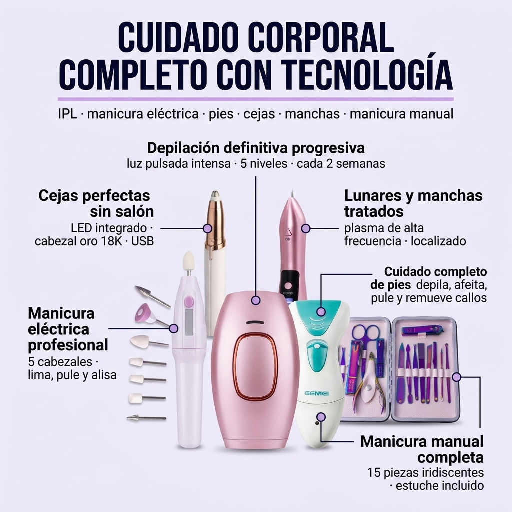 Kit Cuidado Corporal Completo: IPL + Manicura Eléctrica + Pies + Cejas + Removedor de Manchas + Manicura Manual