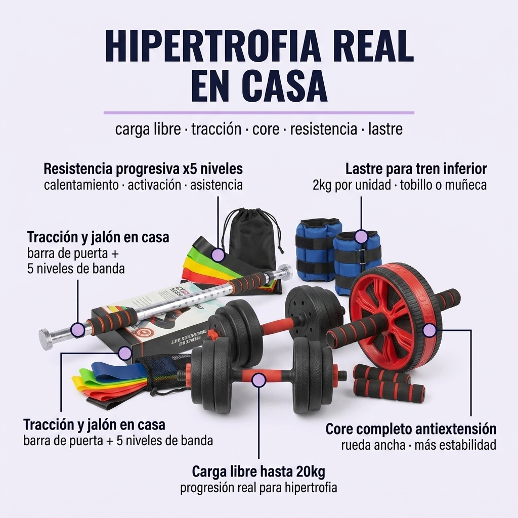Kit Fuerza Pro: Mancuernas 20kg + Barra + Bandas + Rueda Abdominal + Pesas Tobilleras