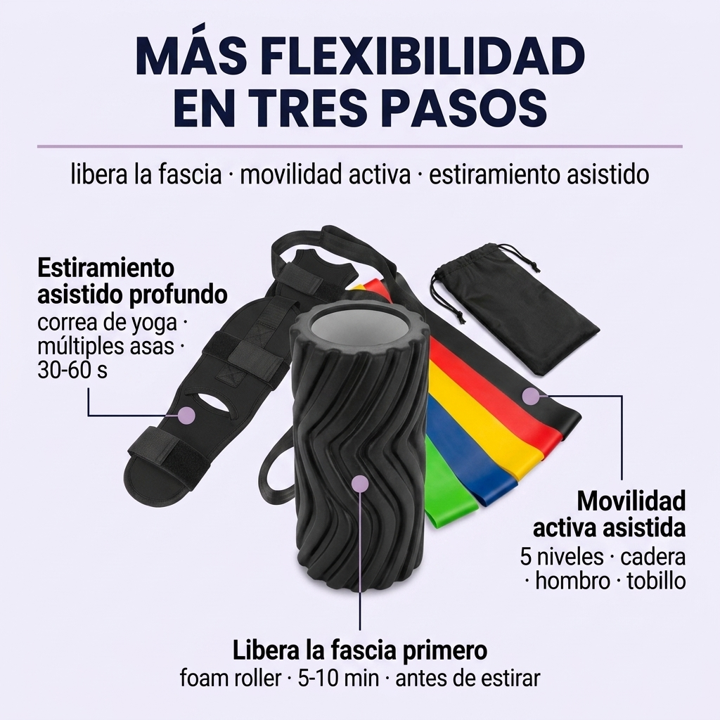 Kit Flexibilidad Base: Correa de Yoga + Bandas Elásticas + Rodillo de Recuperación