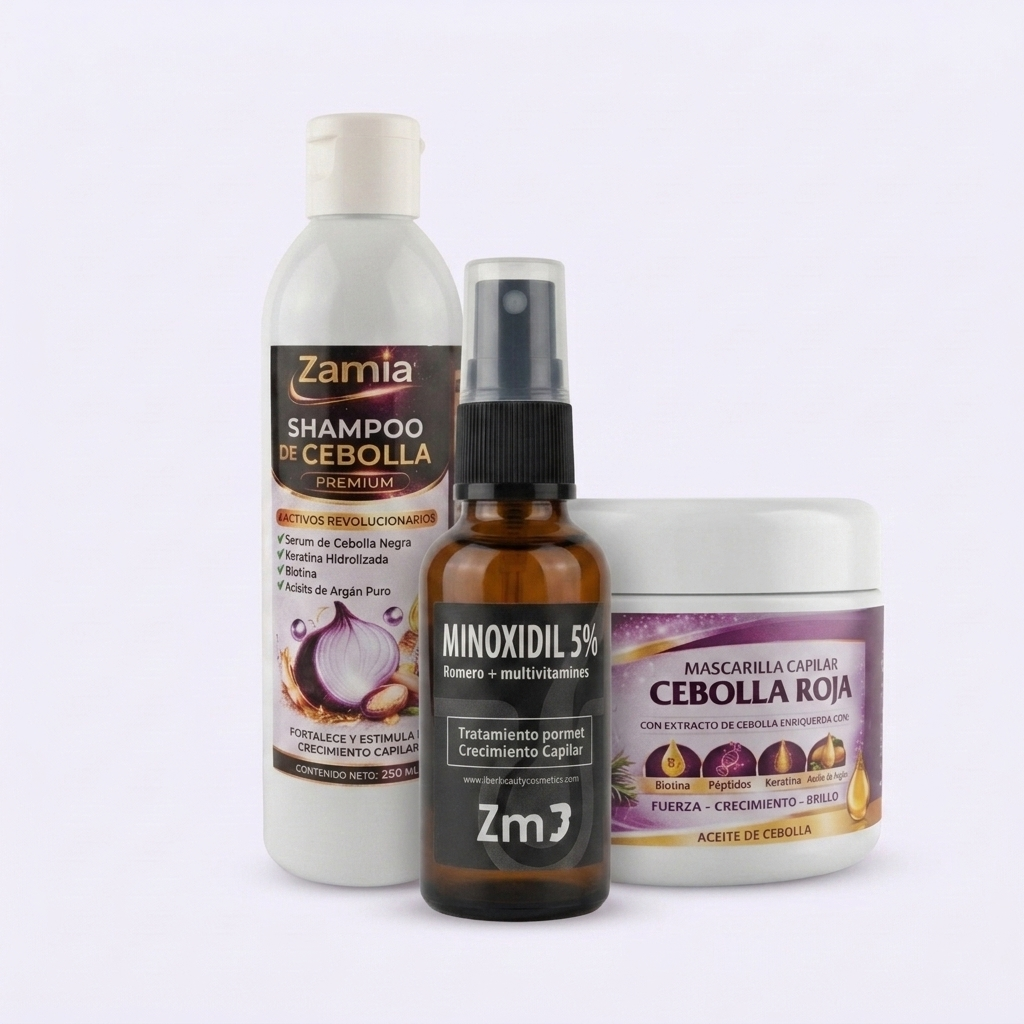 Kit Anticaída Base: Minoxidil 5% Spray Zm3 + Shampoo de Cebolla Roja Premium Zamia + Mascarilla Capilar de Cebolla Roja Zamia
