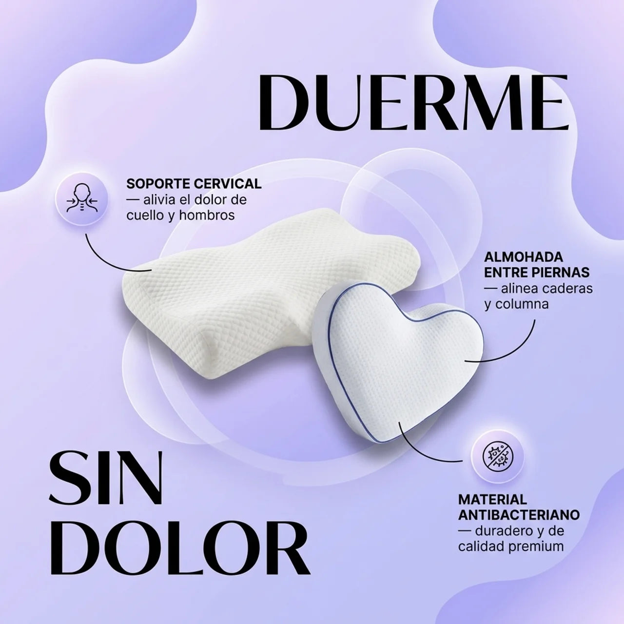 Duerme Sin Dolor de Cuello, Espalda ni Caderas - Combo Almohadas Entre Piernas + Cervical