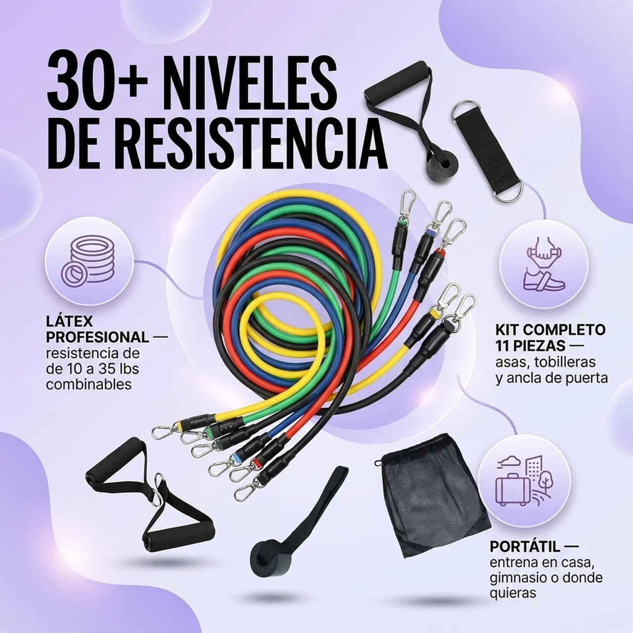 Te Tonifica el Cuerpo Completo en Casa - Kit Bandas de Resistencia x11