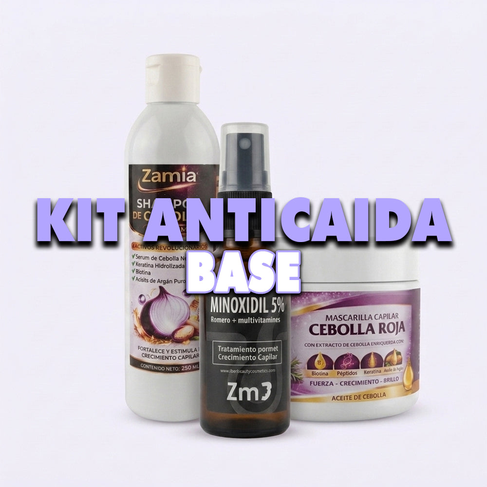 Kit Anticaída Base: Minoxidil 5% Spray Zm3 + Shampoo de Cebolla Roja Premium Zamia + Mascarilla Capilar de Cebolla Roja Zamia