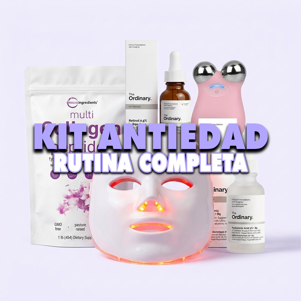 Kit Antiedad Rutina Completa: Máscara LED + Microcorriente + Retinol + Ácido Hialurónico + Multi Colágeno