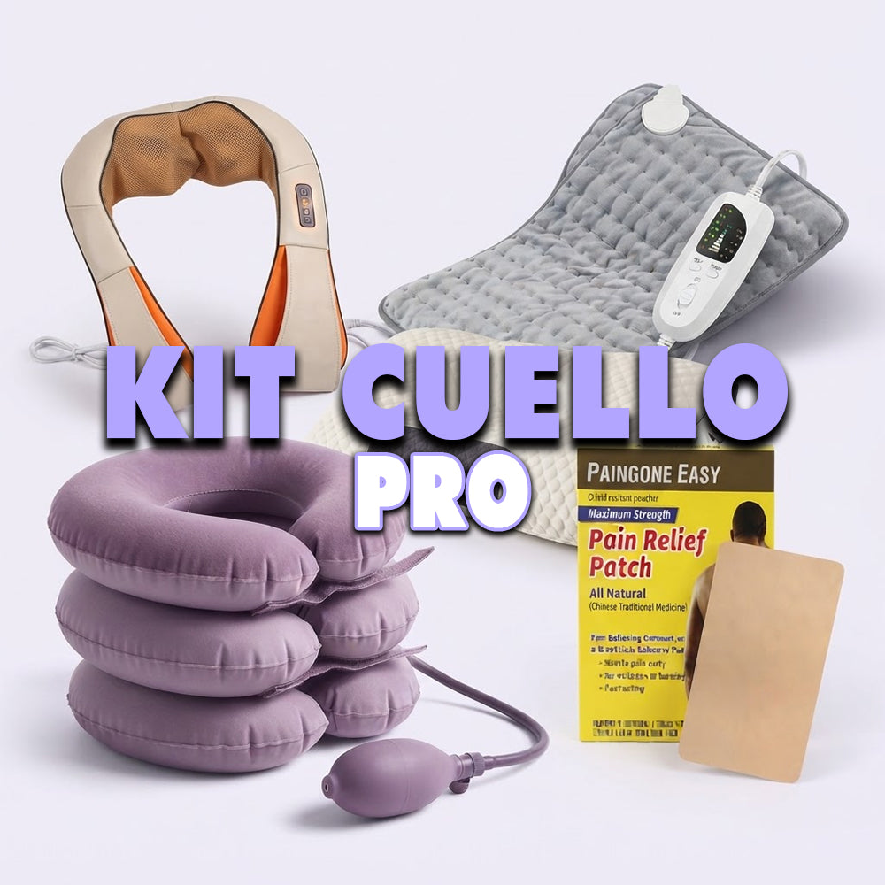 Kit Cuello Pro: Tracción Cervical + Masajeador + Manta Térmica + Almohada Ortopédica + Parche Paingone