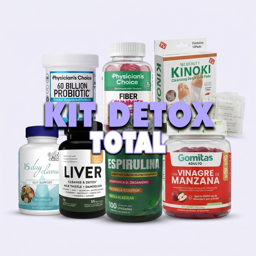 Kit Detox Total: Cleanse + Hígado + Espirulina + Vinagre de Manzana + Probiótico 60B + Fibra + Parches Kinoki