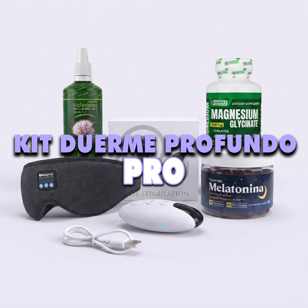 Kit Duerme Profundo PRO: Pulse Stimulation + Antifaz Bluetooth + Magnesio + Valeriana + Melatonina