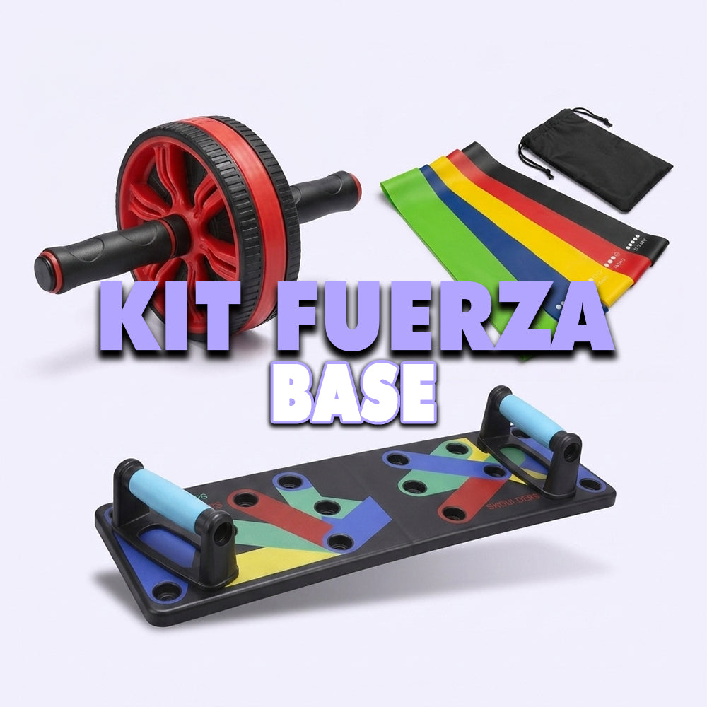 Kit Fuerza Base: Bandas Elásticas x5 + Rueda Abdominal + Tabla de Flexiones 9 en 1