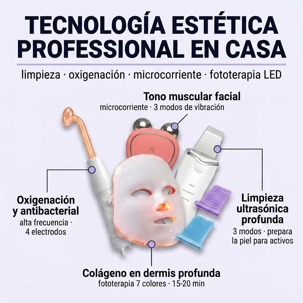 Kit Antiedad Dispositivos: Máscara LED + Alta Frecuencia + Espátula Ultrasónica + Microcorriente
