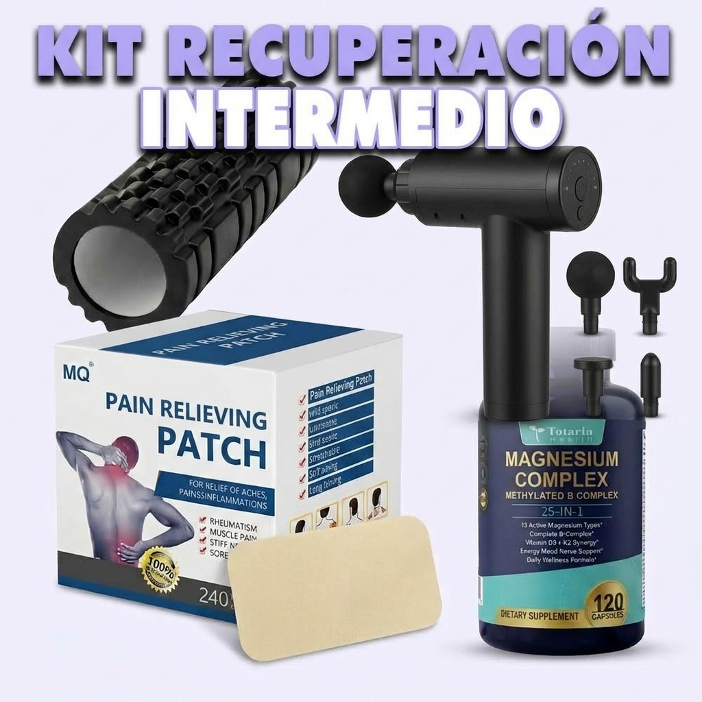 Kit Recuperación Intermedio: Pistola de Masaje + Rodillo + Parche Herbal + Magnesium Complex