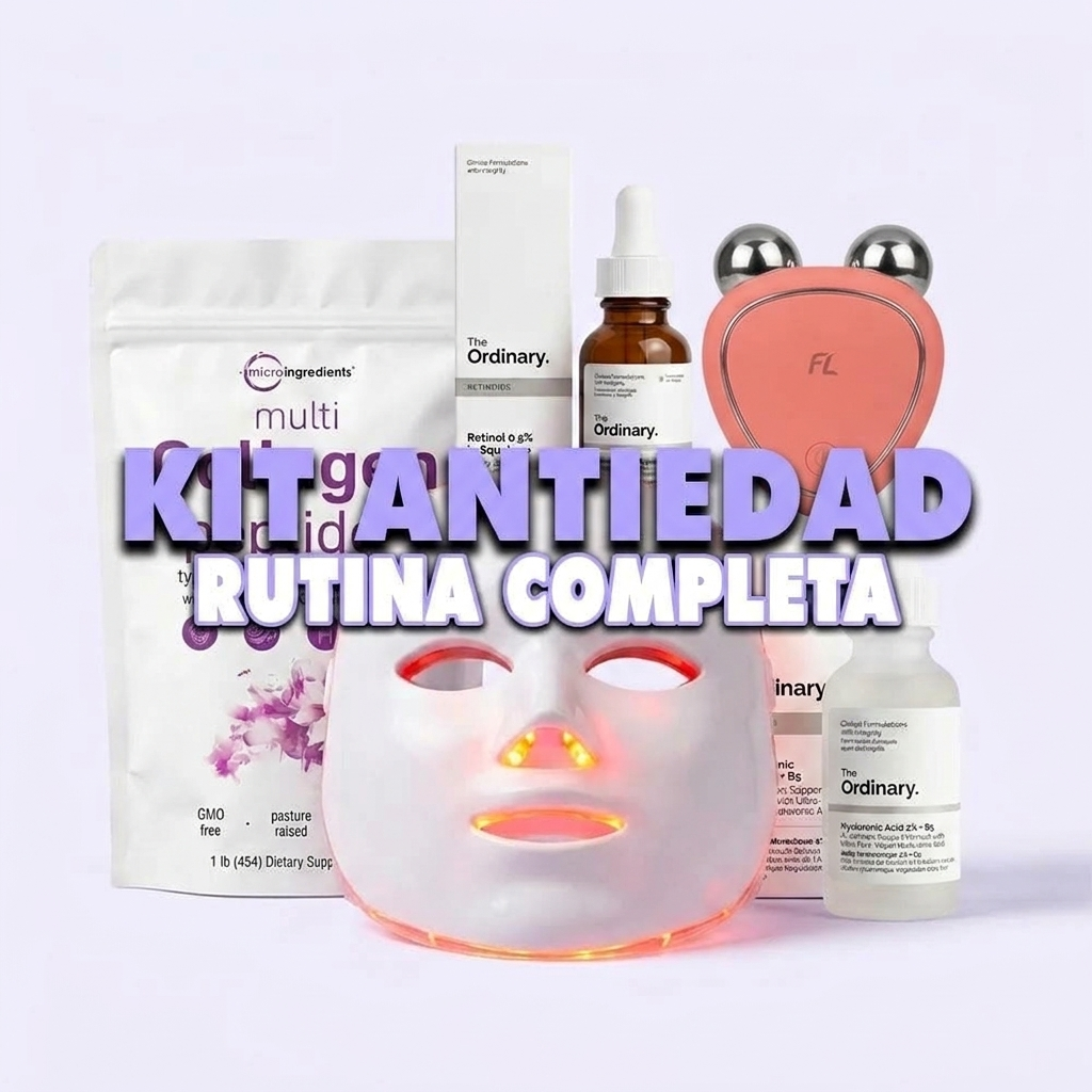 Kit Antiedad Rutina Completa: Máscara LED + Microcorriente + Retinol + Ácido Hialurónico + Multi Colágeno